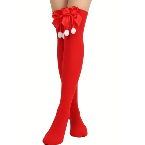 Christmas Solid Red Over-the-Knee Socks With Bow & Pom Poms - Picture 2 of 4
